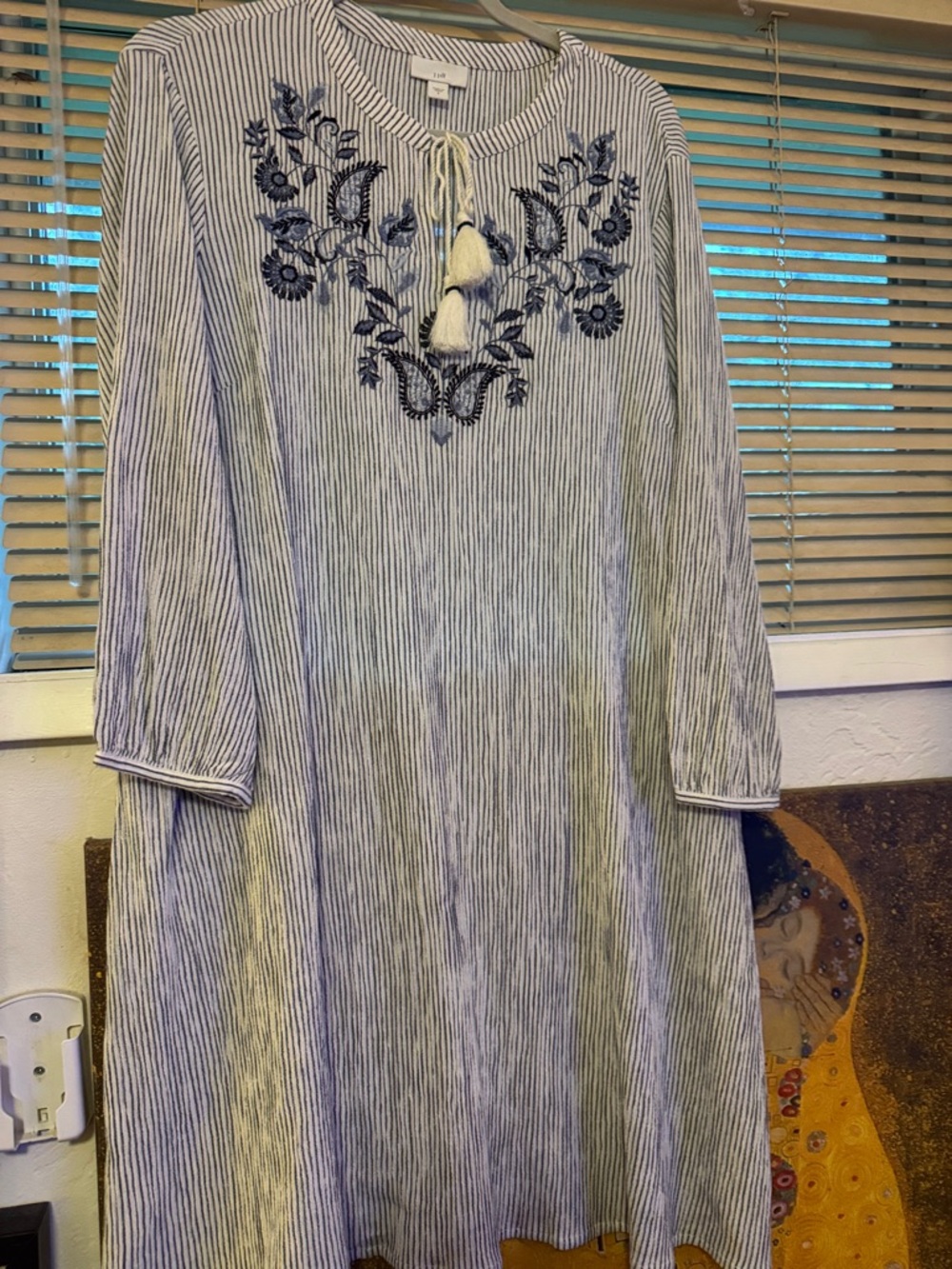 J Jill striped Embroidered Tassel Tunic Dress - Blue & White